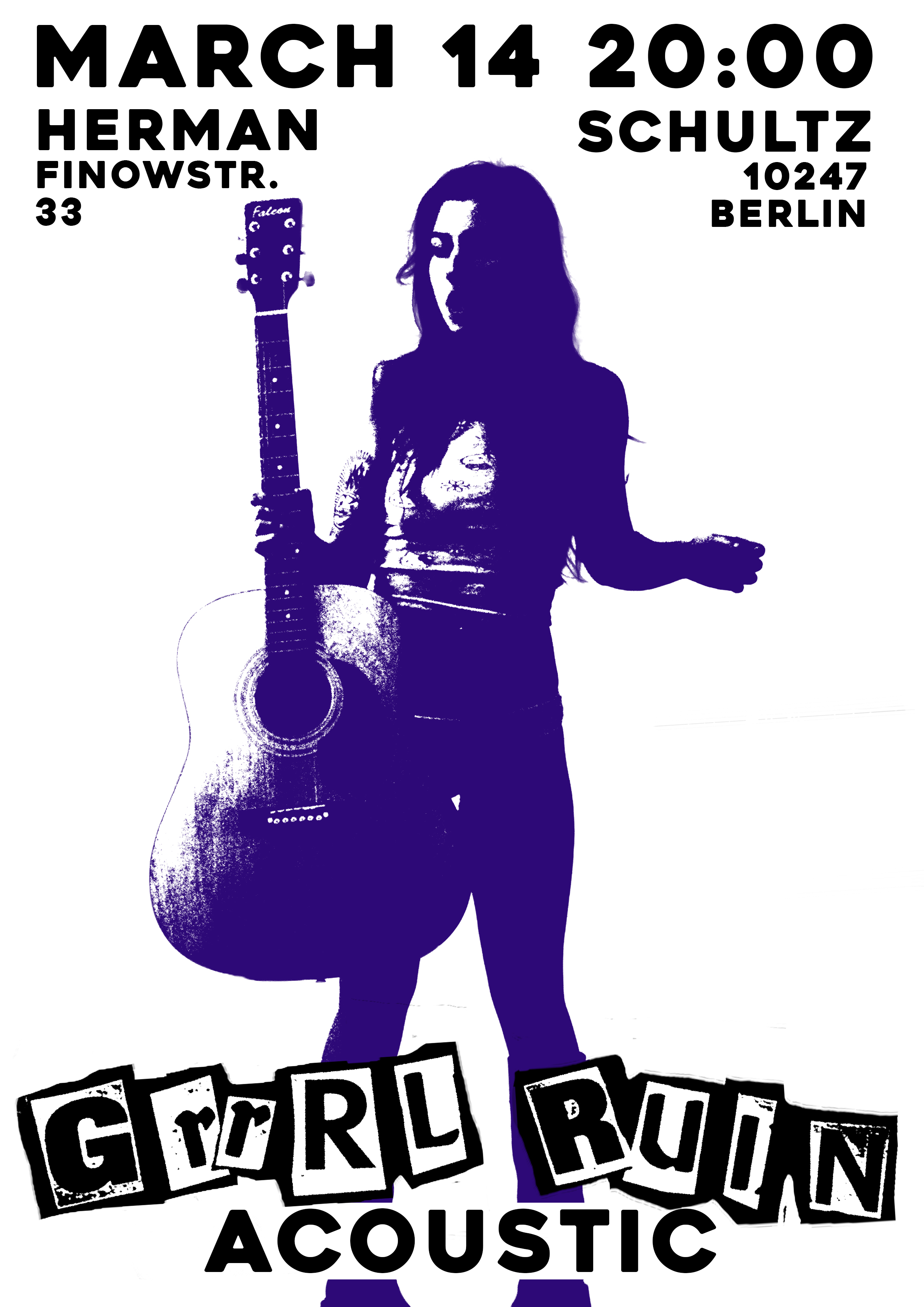 GRRRL RUIN — gig poster for the acoustic show at Herman Schultz, Berlin, in a purple duotone