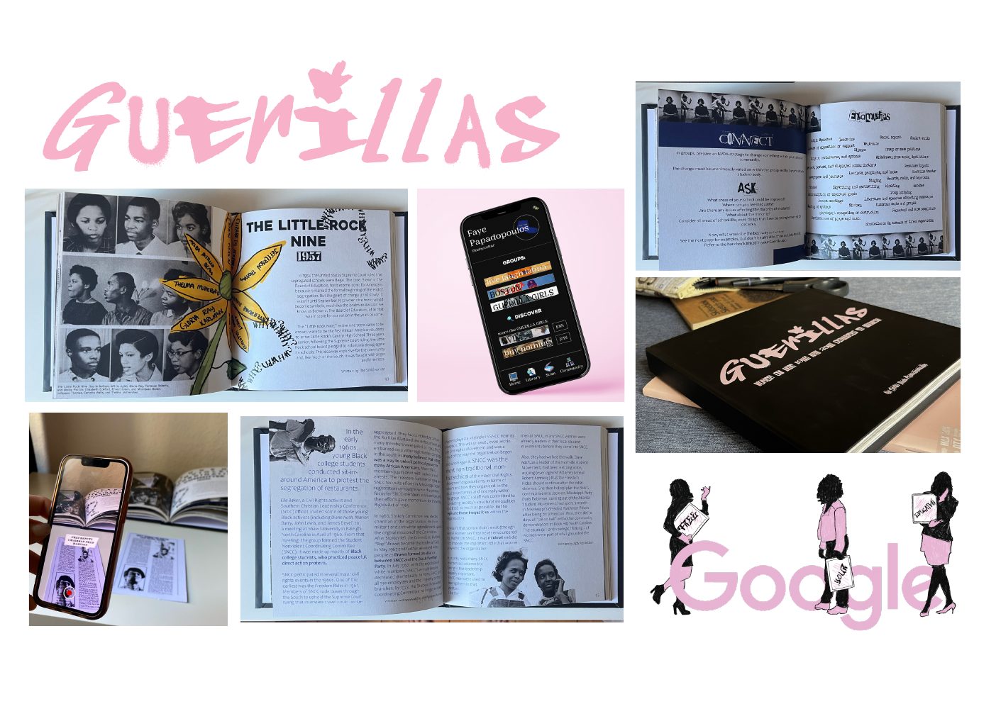 Guerillas — project sheet: Little Rock Nine and SNCC spreads, the app, the AR in use, the printed cover, and the campaign illustrations