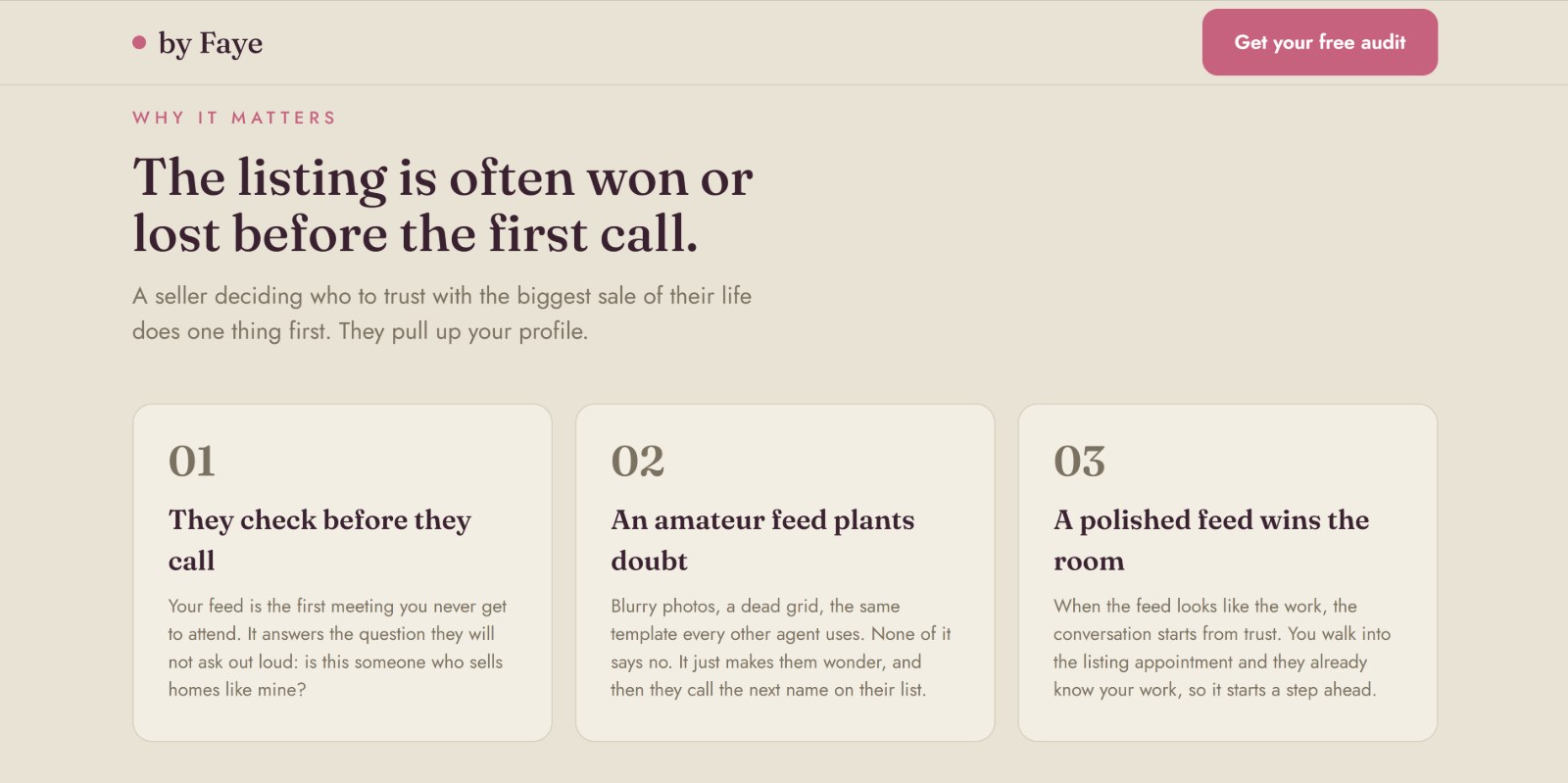 byfayesocial.com — why a feed decides the listing, in three cards