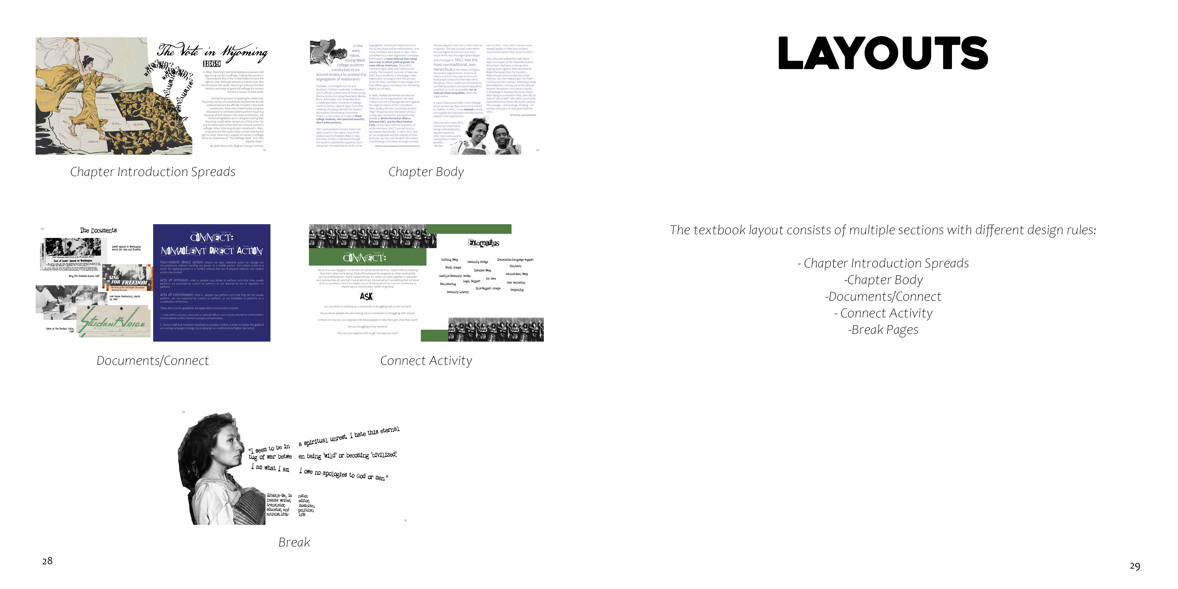 Guerillas — the five layout types: chapter introduction, chapter body, documents, connect activity and break