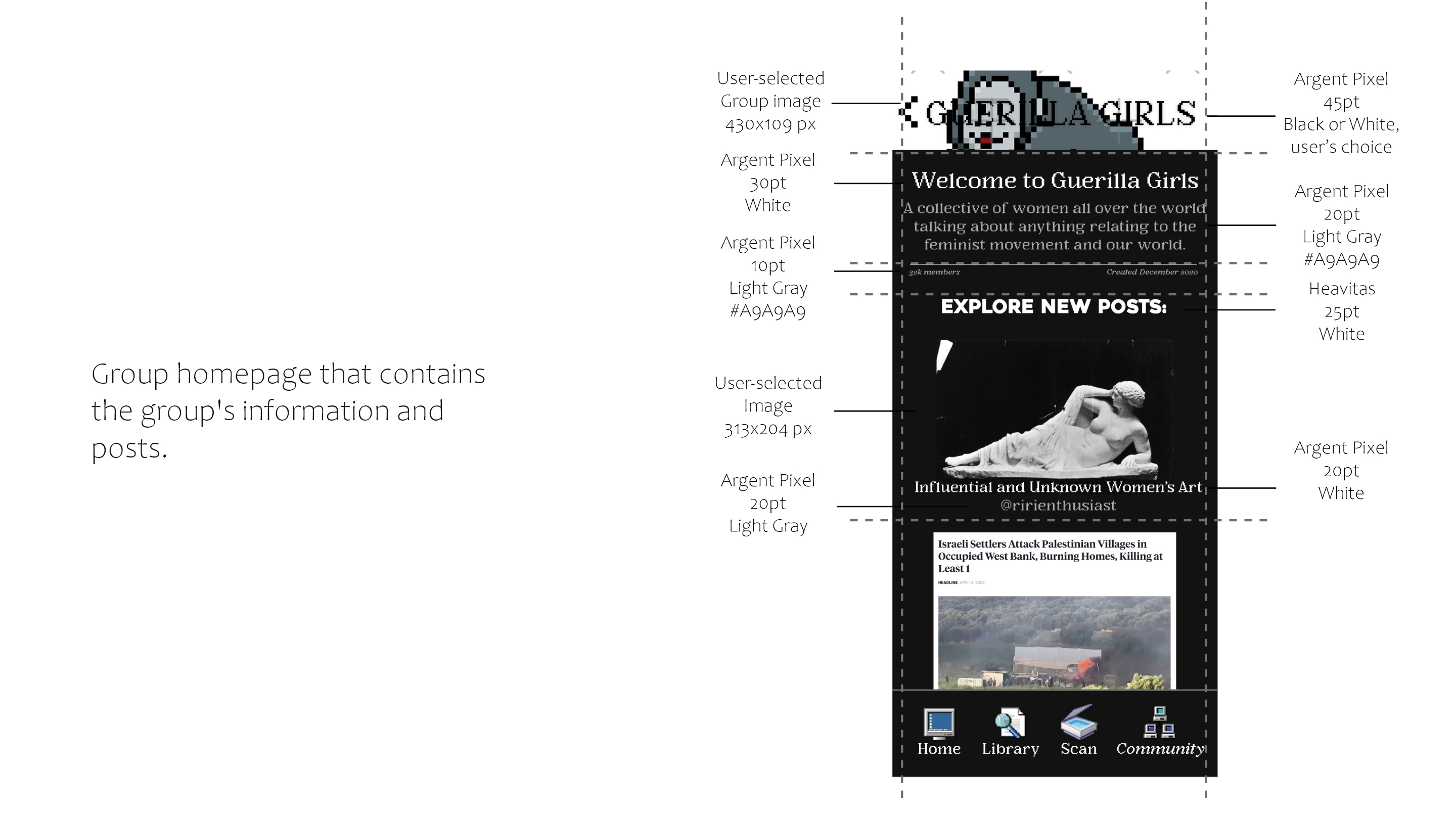 Guerillas — community group screen, specified for build