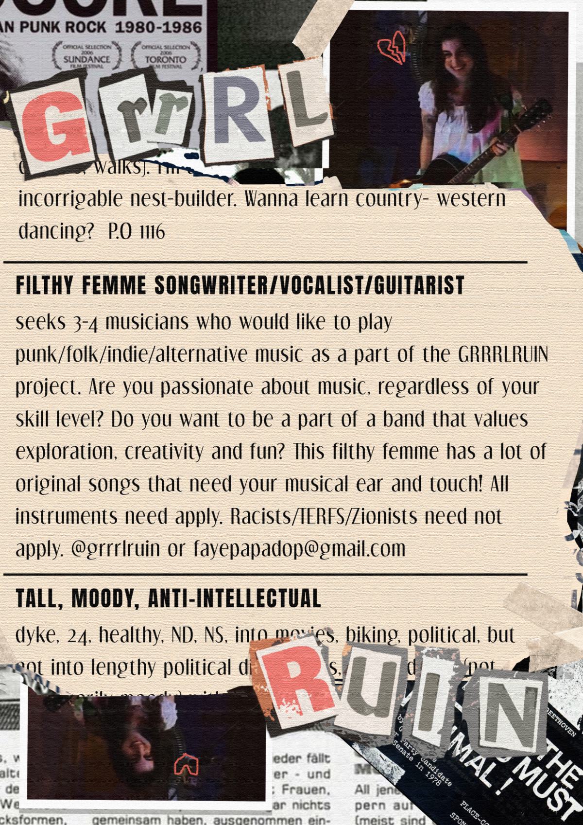 GRRRL RUIN — recruitment poster, collaged from clippings and personal ads